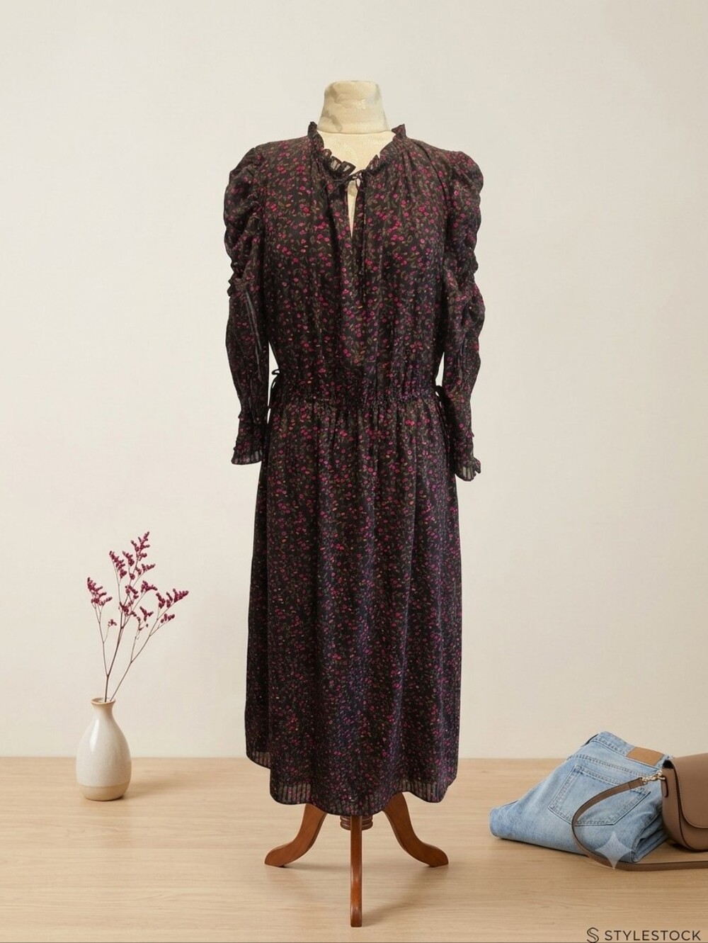 CeCe Black Floral Striped Tie-Neck Midi Dress, Size 10
